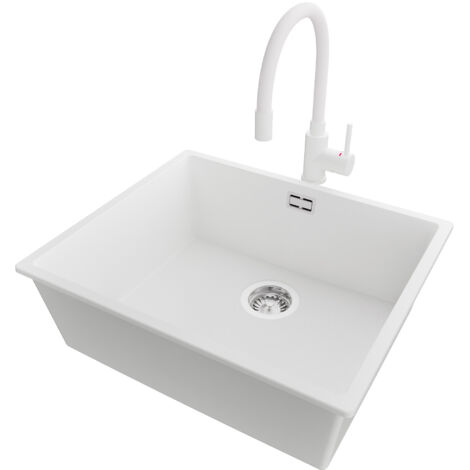 PRIMAGRAN Evier Cuisine en Granit 56x47cm,Lavabo 1 bac + Robinet 38x14cm + Kit de Vidage, Évier à Encastrer au meuble 60cm - London Slim, Blanc (1/5)