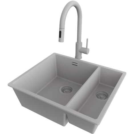 PRIMAGRAN Evier Sous Plan 56x47cm,Evier en Granit 1,5 bacs + Robinet 40x20cm + Kit de Vidage, Évier au meuble 60cm - London Duo, Gris (1/5)