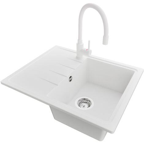 PRIMAGRAN Evier Cuisine en Granit 62x50cm,Lavabo 1 bac + Robinet 38x14cm + Kit de Vidage, Évier à Encastrer au meuble 40cm - Milan, Blanc (1/5)
