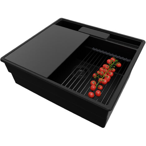 PRIMAGRAN Evier Cuisine en Granit 58x53cm,Lavabo 1 bac + Kit de Vidage + Accessoires, Évier à Encastrer au meuble 60cm - New York, Tout Noir (1/5)
