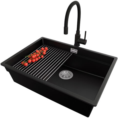 PRIMAGRAN Evier Sous Plan 66x47cm,Evier en Granit 1 bac + Robinet 40x38cm + Kit de Vidage + Égouttoir Enroulable, Évier au meuble 70cm - Prague, Noir (1/5)