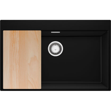 PRIMAGRAN Evier Cuisine en Granit 78x50cm,Lavabo 1 bac + Kit de Vidage + Planche à Découper, Évier à Encastrer au meuble 80cm - Oslo, Noir (1/5)