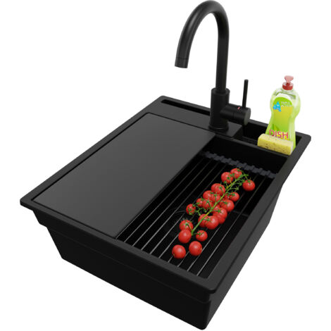 PRIMAGRAN Evier Cuisine en Granit 43x53cm, Lavabo 1 bac + Kit de Vidage + Accessoire, Évier à Encastrer au meuble 45cm - Oslo Pocket, Tout Noir (1/5)