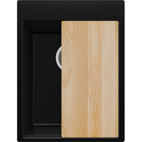 PRIMAGRAN Evier Cuisine en Granit 38x50cm,Lavabo 1 bac + Kit de Vidage + Planche à Découper, Évier à Encastrer au meuble 40cm - Oslo, Noir Métallisé (1/5)