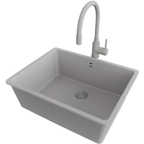 PRIMAGRAN Evier Cuisine en Granit 56x44cm,Lavabo 1 bac + Robinet 38x14cm + Kit de Vidage, Évier à Encastrer au meuble 60cm - Venise Slim Easy, Gris (1/5)