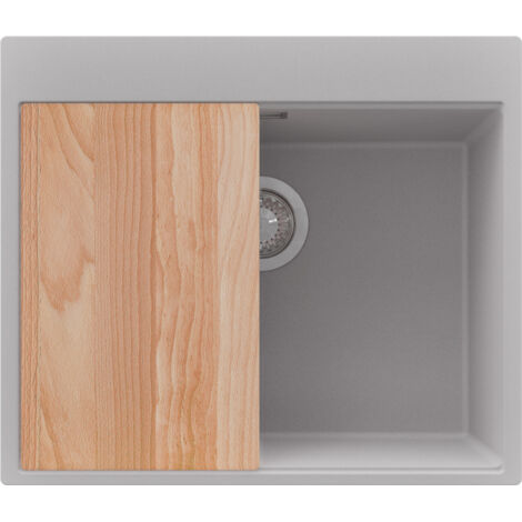 PRIMAGRAN Evier Cuisine en Granit 58x50cm,Lavabo 1 bac + Kit de Vidage + Planche à Découper, Évier à Encastrer au meuble 60cm - Oslo, Gris (1/5)