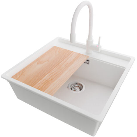 PRIMAGRAN Evier Cuisine en Granit 56x53cm,Lavabo 1 bac + Robinet 38x14cm + Kit de Vidage + Planche à Découper, Évier à Encastrer au meuble 60cm - Bergen, Blanc (1/5)