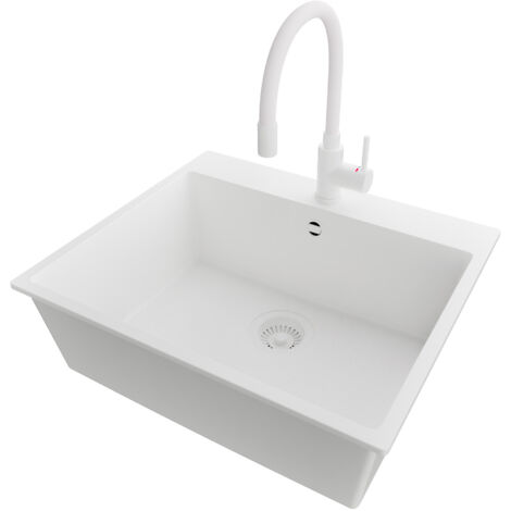 PRIMAGRAN Evier Cuisine en Granit 58x50cm,Lavabo 1 bac + Robinet 38x14cm + Kit de Vidage, Évier à Encastrer au meuble 60cm - Riga, Tout Blanc (1/5)
