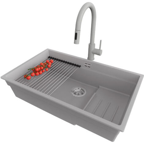PRIMAGRAN Evier Sous Plan 76x47cm,Evier en Granit 1 bac + Robinet 40x20cm + Kit de Vidage + Égouttoir Enroulable, Évier au meuble 80cm - Prague, Gris (1/5)