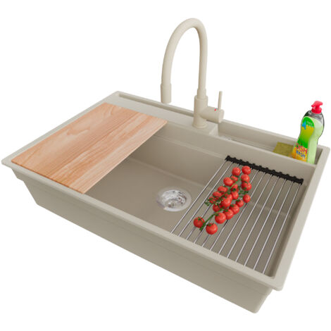 PRIMAGRAN Evier Cuisine en Granit 78x53cm,Lavabo 1 bac + Robinet 38x14cm + Kit de Vidage + Accessoires, Évier à Encastrer au meuble 80cm - Oslo Pocket, Beige (1/5)