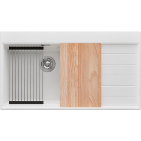 PRIMAGRAN Evier Cuisine en Granit 90x50cm,Lavabo 1 bac + Kit de Vidage + Accessoires, Évier à Encastrer au meuble 60cm - Sydney, Blanc (1/5)