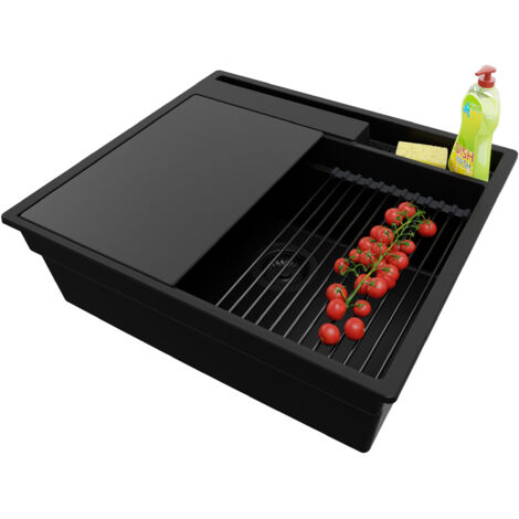 PRIMAGRAN Evier Cuisine en Granit 58x53cm,Lavabo 1 bac + Kit de Vidage + Accessoires, Évier à Encastrer au meuble 60cm - Oslo Pocket, Tout Noir (1/5)