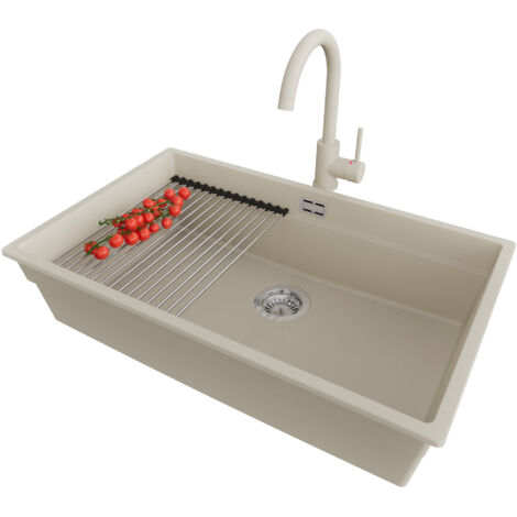 PRIMAGRAN Evier Sous Plan 76x47cm,Evier en Granit 1 bac + Robinet 32x20cm + Kit de Vidage + Égouttoir Enroulable, Évier au meuble 80cm - Prague, Beige (1/5)