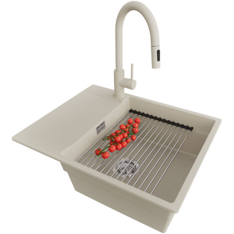 PRIMAGRAN Evier Cuisine en Granit 62x50cm, Lavabo 1 bac + Robinet 40x20cm + Kit de Vidage + Accessoire, Évier à Encastrer au meuble 50cm - San Francisco, Beige (1/5)