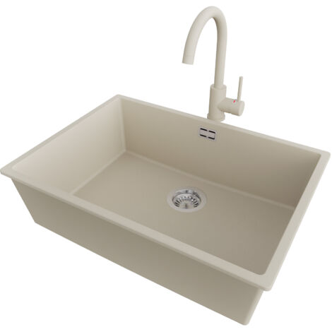 PRIMAGRAN Evier Cuisine en Granit 66x47cm,Lavabo 1 bac + Robinet 32x20cm + Kit de Vidage, Évier à Encastrer au meuble 70cm - London Slim, Beige (1/5)