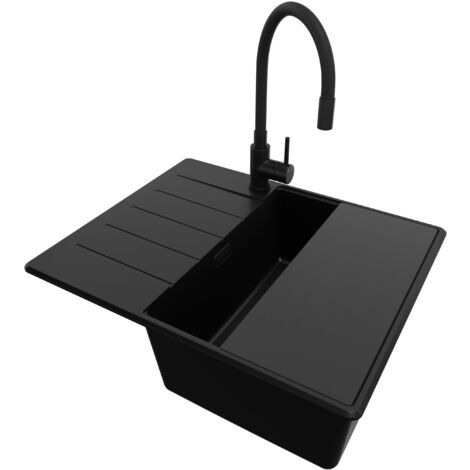 PRIMAGRAN Evier Cuisine en Granit 62x50cm, Lavabo 1 bac + Kit de Vidage + Accessoire, Évier à Encastrer au meuble 45cm - Copenhague, Tout Noir (1/5)