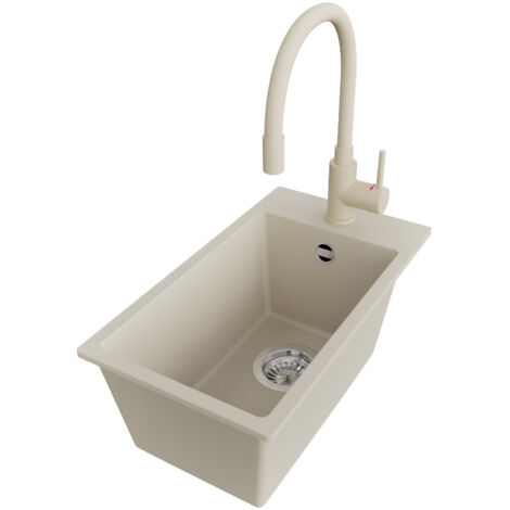 PRIMAGRAN Evier Cuisine en Granit 28x50cm,Lavabo 1 bac + Robinet 38x14cm + Kit de Vidage, Évier à Encastrer au meuble 30cm - Riga, Beige