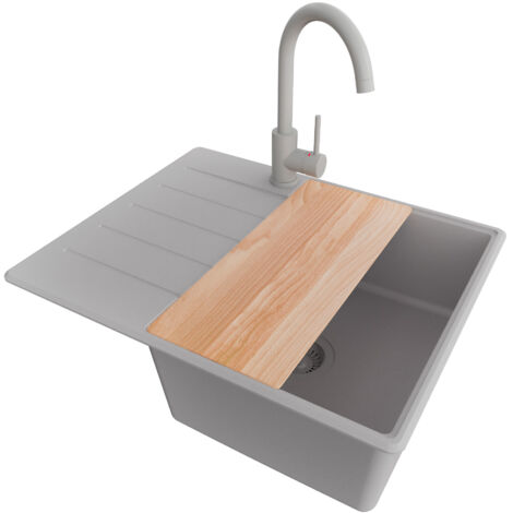 PRIMAGRAN Evier Cuisine en Granit 62x50cm, Lavabo 1 bac + Robinet 32x20cm + Kit de Vidage + Accessoire, Évier à Encastrer au meuble 45cm - Copenhague, Gris (1/5)
