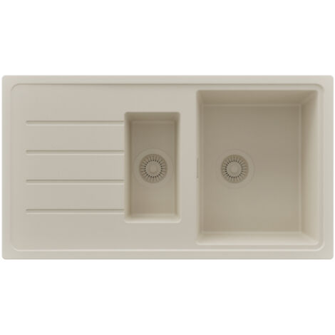 PRIMAGRAN Evier Cuisine en Granit 90x50cm,Lavabo 1,5 bacs + Kit de Vidage, Évier à Encastrer au meuble 60cm - Copenhague Duo, Beige