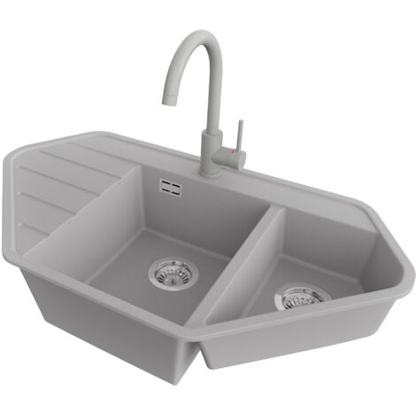 PRIMAGRAN Evier d'angle en Granit 90x50cm,Lavabo Cuisine 1,5 bacs + Robinet 32x20cm + Kit de Vidage, Évier à Encastrer au meuble 70cm - Copenhague Corner, Gris (1/5)