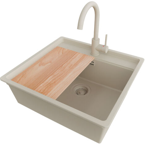 PRIMAGRAN Evier Sous Plan 56x53cm,Evier en Granit 1 bac + Robinet 32x20cm + Kit de Vidage + Planche à Découper, Évier au meuble 60cm - Bergen, Beige (1/5)
