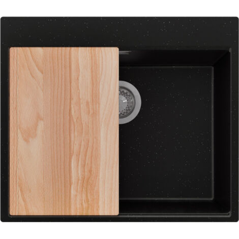 PRIMAGRAN Evier Cuisine en Granit 58x50cm,Lavabo 1 bac + Kit de Vidage + Planche à Découper, Évier à Encastrer au meuble 60cm - Oslo, Noir Métallisé (1/5)