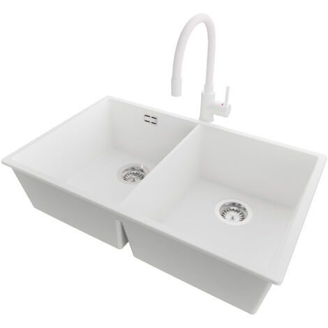 PRIMAGRAN Evier Cuisine en Granit 76x47cm,Lavabo 2 bacs + Robinet 38x14cm + Kit de Vidage, Évier à Encastrer au meuble 80cm - London Slim Twin, Blanc (1/5)
