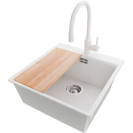 PRIMAGRAN Evier Cuisine en Granit 48x50cm,Lavabo 1 bac + Robinet 38x14cm + Kit de Vidage + Planche à Découper, Évier à Encastrer au meuble 50cm - Oslo, Blanc (1/5)