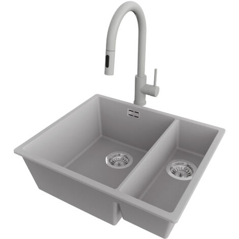 PRIMAGRAN Evier Sous Plan 56x47cm,Evier en Granit 1,5 bacs + Robinet 40x20cm + Kit de Vidage, Évier au meuble 60cm - London Duo, Gris (1/5)