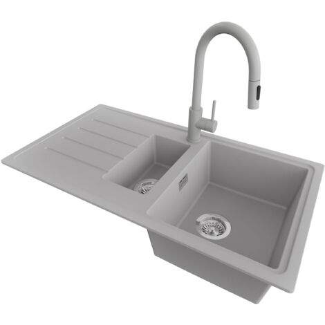 PRIMAGRAN Evier Cuisine en Granit 90x50cm,Lavabo 1,5 bacs + Robinet 40x20cm + Kit de Vidage, Évier à Encastrer au meuble 60cm - Copenhague Duo, Gris (1/5)