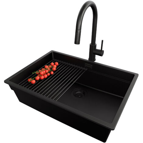 PRIMAGRAN Evier Cuisine en Granit 66x47cm, Lavabo 1 bac + Kit de Vidage + Accessoire, Évier à Encastrer au meuble 70cm - Prague Slim, Tout Noir (1/5)