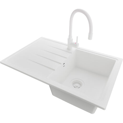 PRIMAGRAN Evier Cuisine en Granit 78x50cm,Lavabo 1 bac + Robinet 38x14cm + Kit de Vidage, Évier à Encastrer au meuble 45cm - Milan, Tout Blanc (1/5)