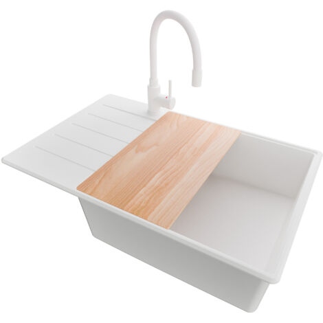PRIMAGRAN Evier Cuisine en Granit 78x50cm, Lavabo 1 bac + Kit de Vidage + Accessoire, Évier à Encastrer au meuble 60cm - Copenhague, Tout Blanc (1/5)