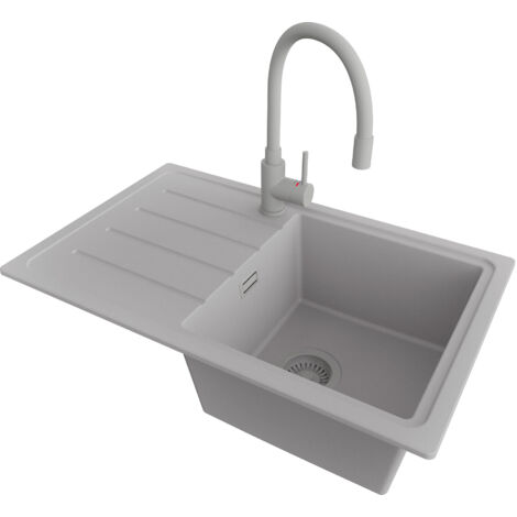 PRIMAGRAN Evier Cuisine en Granit 70x44cm,Lavabo 1 bac + Robinet 38x14cm + Kit de Vidage, Évier à Encastrer au meuble 45cm - Copenhague Easy, Gris (1/5)