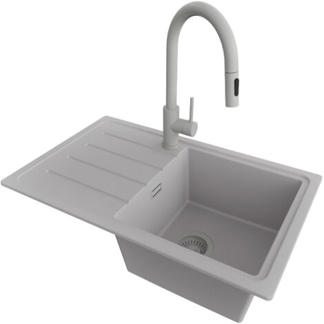 PRIMAGRAN Evier Cuisine en Granit 70x44cm,Lavabo 1 bac + Robinet 40x20cm + Kit de Vidage, Évier à Encastrer au meuble 45cm - Copenhague Easy, Gris (1/5)