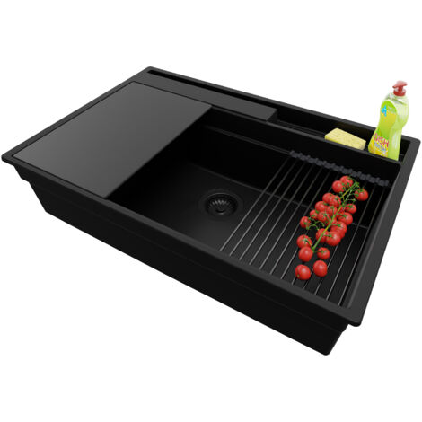 PRIMAGRAN Evier Cuisine en Granit 78x53cm,Lavabo 1 bac + Kit de Vidage + Accessoires, Évier à Encastrer au meuble 80cm - Oslo Pocket, Tout Noir (1/5)