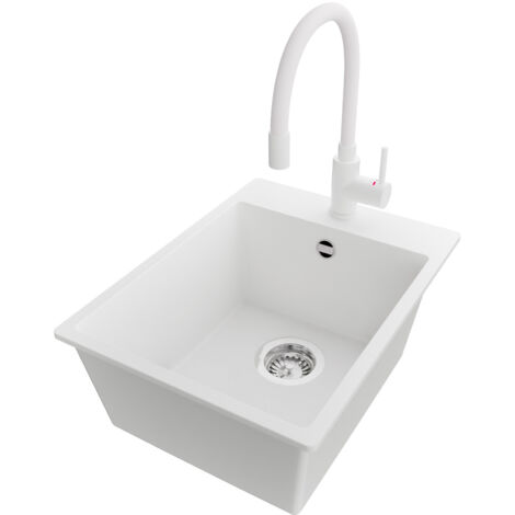 PRIMAGRAN Evier Cuisine en Granit 38x50cm,Lavabo 1 bac + Robinet 38x14cm + Kit de Vidage, Évier à Encastrer au meuble 40cm - Riga, Blanc (1/5)