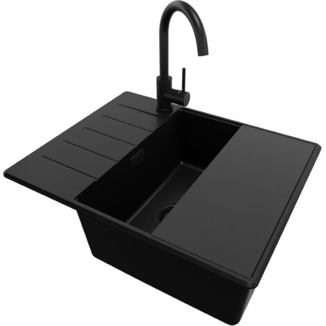 PRIMAGRAN Evier Cuisine en Granit 62x50cm, Lavabo 1 bac + Kit de Vidage + Accessoire, Évier à Encastrer au meuble 50cm - Copenhague, Tout Noir (1/5)