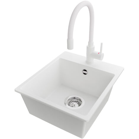 PRIMAGRAN Evier Cuisine en Granit 38x44cm,Lavabo 1 bac + Robinet 38x14cm + Kit de Vidage, Évier à Encastrer au meuble 40cm - Riga Easy, Blanc (1/5)