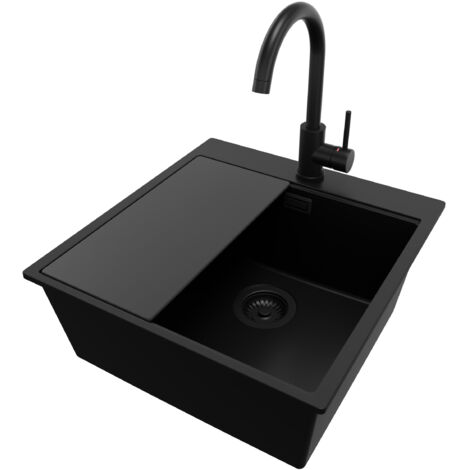 PRIMAGRAN Evier Cuisine en Granit 48x50cm, Lavabo 1 bac + Robinet 32x20cm + Kit de Vidage + Accessoire, Évier à Encastrer au meuble 50cm - Oslo, Tout Noir (1/5)