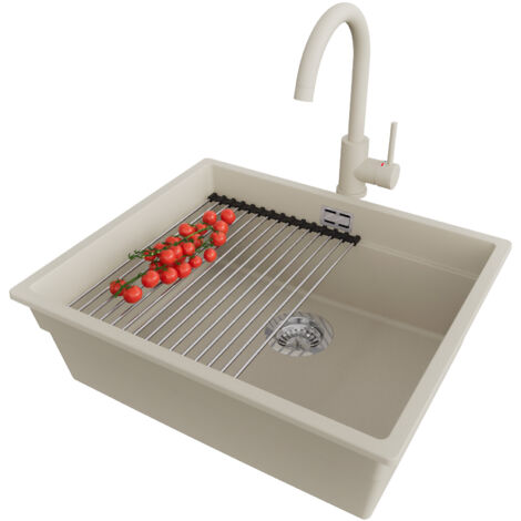 PRIMAGRAN Evier Cuisine en Granit 56x47cm, Lavabo 1 bac + Robinet 32x20cm + Kit de Vidage + Accessoire, Évier à Encastrer au meuble 60cm - Prague Slim, Beige (1/5)