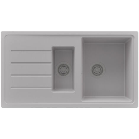 PRIMAGRAN Evier Cuisine en Granit 90x50cm,Lavabo 1,5 bacs + Kit de Vidage, Évier à Encastrer au meuble 60cm - Copenhague Duo, Gris