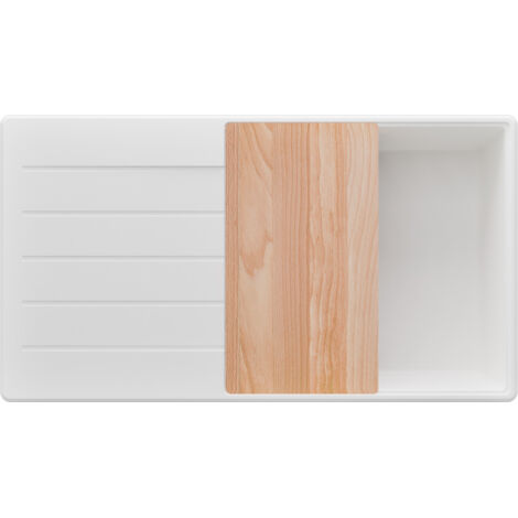 PRIMAGRAN Evier Cuisine en Granit 90x50cm,Lavabo 1 bac + Kit de Vidage + Planche à Découper, Évier à Encastrer au meuble 60cm - Copenhague, Blanc (1/5)