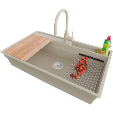 PRIMAGRAN Evier Cuisine en Granit 88x53cm,Lavabo 1 bac + Robinet 38x14cm + Kit de Vidage + Accessoires, Évier à Encastrer au meuble 90cm - Oslo Pocket, Beige