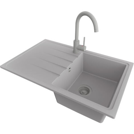 PRIMAGRAN Evier Cuisine en Granit 78x50cm,Lavabo 1 bac + Robinet 32x20cm + Kit de Vidage, Évier à Encastrer au meuble 45cm - Milan, Gris (1/5)
