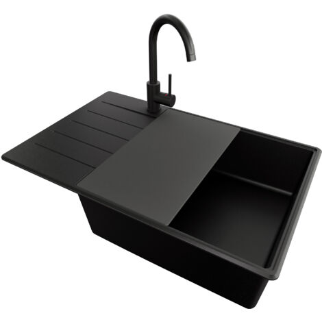 PRIMAGRAN Evier Cuisine en Granit 78x50cm, Lavabo 1 bac + Kit de Vidage + Accessoire, Évier à Encastrer au meuble 60cm - Copenhague, Tout Noir (1/5)