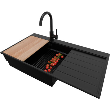 PRIMAGRAN Evier Cuisine en Granit 90x50cm,Lavabo 1 bac + Robinet 32x20cm + Kit de Vidage + Accessoires, Évier à Encastrer au meuble 60cm - Sydney, Tout Noir (1/5)
