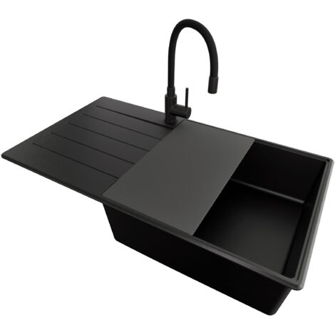 PRIMAGRAN Evier Cuisine en Granit 90x50cm, Lavabo 1 bac + Kit de Vidage + Accessoire, Évier à Encastrer au meuble 60cm - Copenhague, Tout Noir