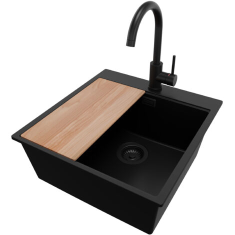 PRIMAGRAN Evier Cuisine en Granit 48x50cm, Lavabo 1 bac + Robinet 32x20cm + Kit de Vidage + Accessoire, Évier à Encastrer au meuble 50cm - Oslo, Tout Noir (1/5)