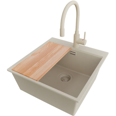 PRIMAGRAN Evier Cuisine en Granit 48x50cm,Lavabo 1 bac + Robinet 38x14cm + Kit de Vidage + Planche à Découper, Évier à Encastrer au meuble 50cm - Oslo, Beige (1/5)